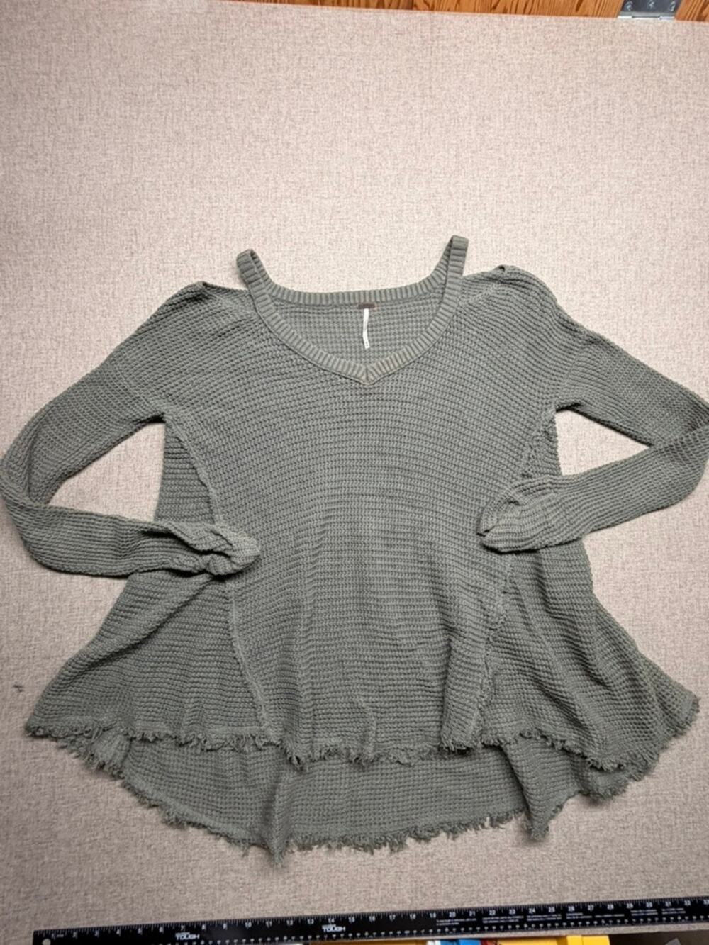 Free People Medium Sage Green Cold Shoulder Oversized Sharkbite Knit Sweater